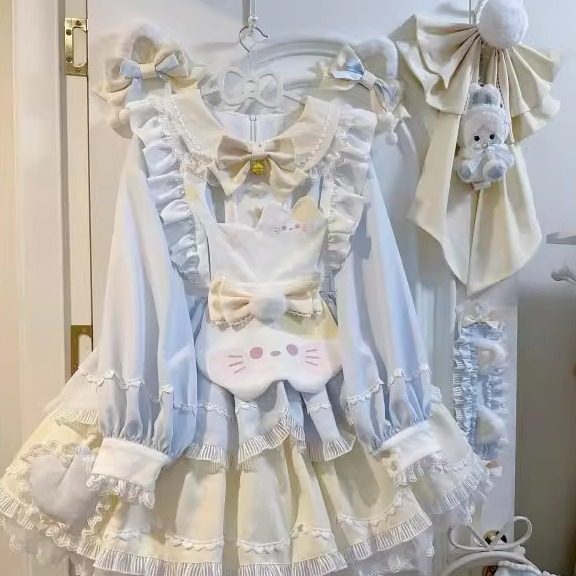 甜美可爱长袖Lolita洛丽塔蕾丝蓬蓬连衣裙蝴蝶结小猫围裙两件套女