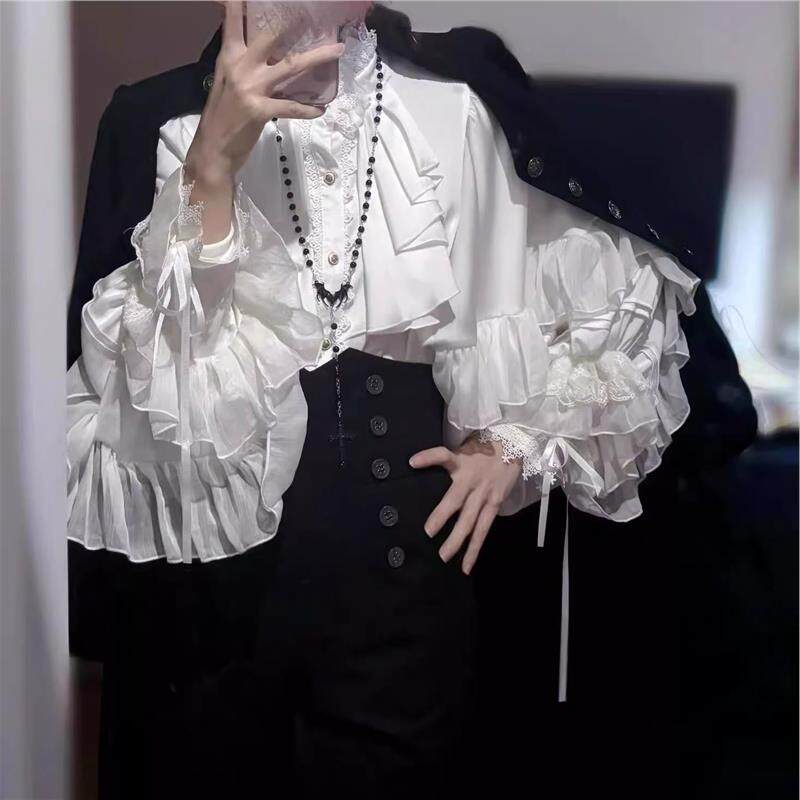 洛丽塔2025新款暗黑系哥特风衬衫蝙蝠袖宽松Lolita春秋红黑色衬衣