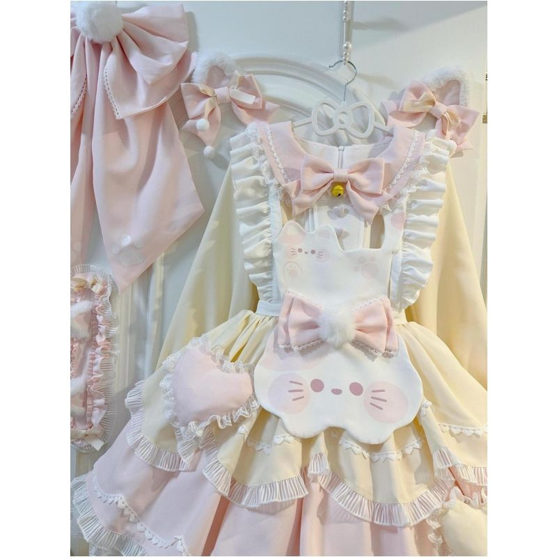 甜美可爱软萌Lolita洛丽塔蕾丝蓬蓬连衣裙蝴蝶结小猫围裙两件套女