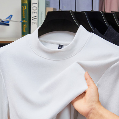 护财鸟2026纯色男士长袖T恤半高领百搭简约秋季中青年打底衫