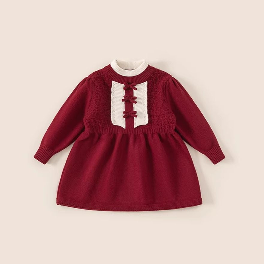 女童针织连衣裙女宝宝冬季新款裙子儿童打底拜年服撞色蝴蝶毛线裙