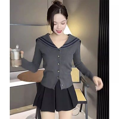 欧货重磅高级感学院风女2024秋冬灰色海军领针织衫小个子减龄上衣