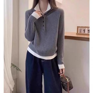 女灰色毛衣打底衫 欧货立领假两件减龄针织衫 2025新款 欧洲站秋冬装