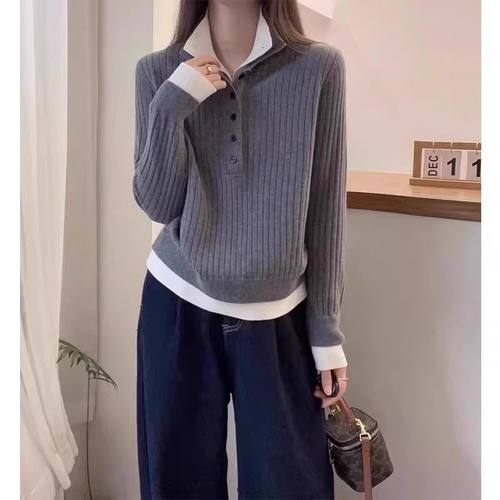 欧洲站秋冬装2025新款欧货立领假两件减龄针织衫女灰色毛衣打底衫