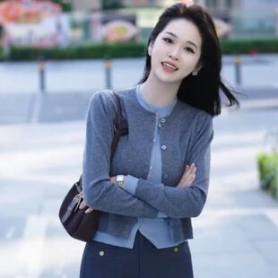 韩系chic高级感假两件灰色针织衫女秋冬季2025新款小个子开衫外套