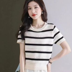 彩色条纹针织衫 夏季 宽松内搭打底上衣时尚 2025年正肩短袖 女 T恤衫