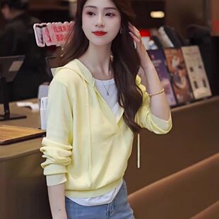 2025春季新款假两件连帽天丝凉感长袖针织衫女时尚设计感薄款上衣