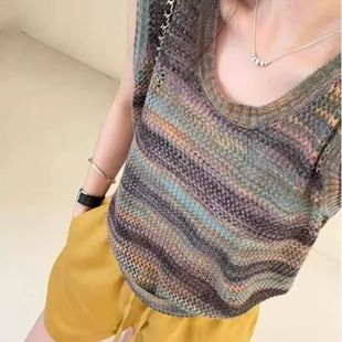 潮 欧货夏季 复古彩色设计渐变条纹无袖 针织衫 镂空背心洋气上衣时尚