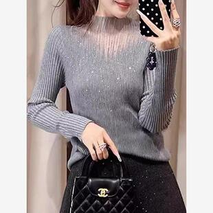 独特漂亮灰色打底毛衣女款大码秋冬胖mm设计感重工烫钻针织衫上衣