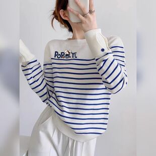 蓝色条纹卡通印花毛衣针织衫2024新款深秋初冬穿搭女韩系高级上衣