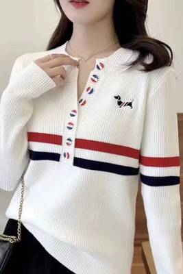 V领拼色针织打底衫女春秋2025