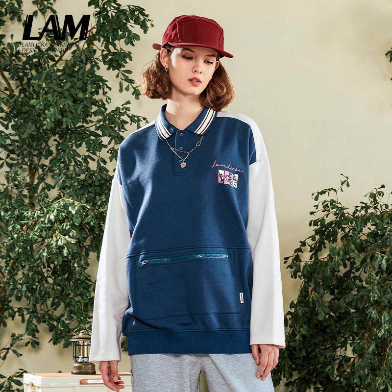 LAMLICKA撞色拼接高街POLO衫卫衣男潮牌春秋纯棉拉链无帽上衣外套