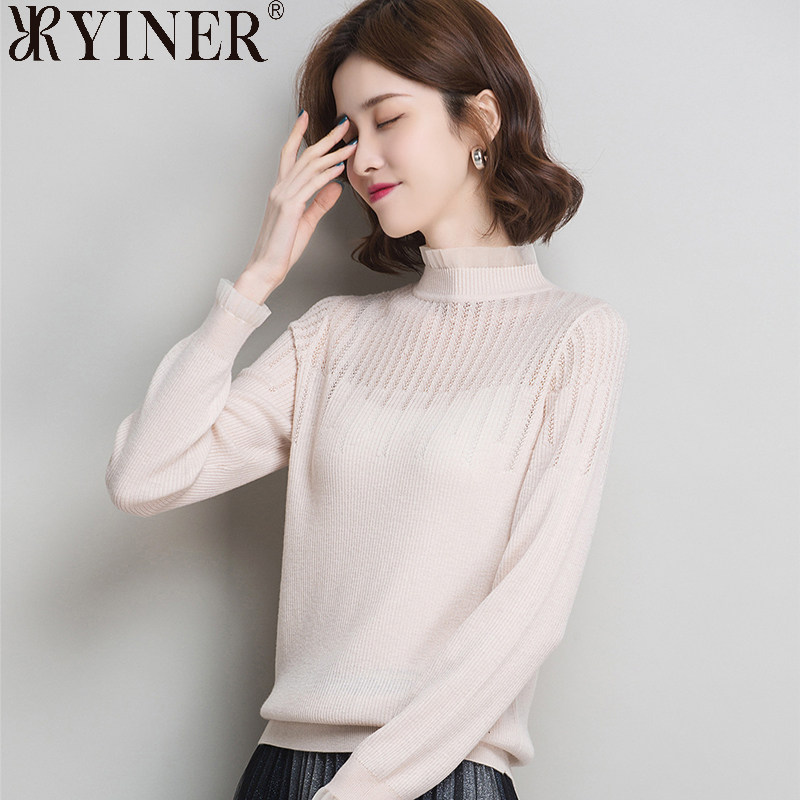 音儿美地女装清仓折扣羊毛针织衫半高领毛衣秋季新款镂空打底上衣