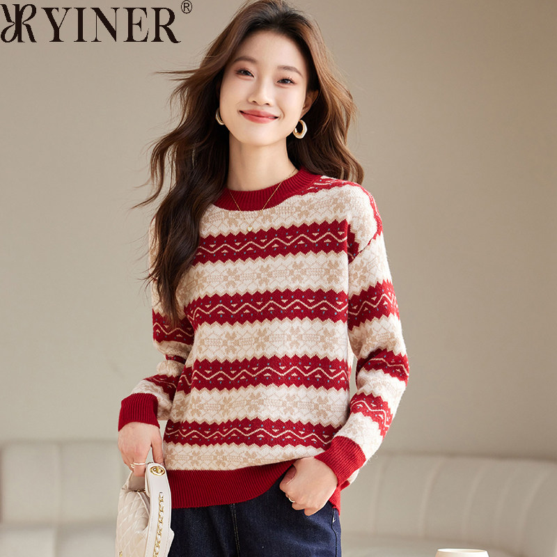 雅致音儿女装清仓折扣2025秋冬羊毛针织毛衣红色条纹厚保暖打底衫