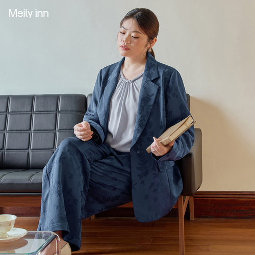 美丽客栈大码休闲西装外套女2025冬高级感胖mm200斤蓝色气质上衣