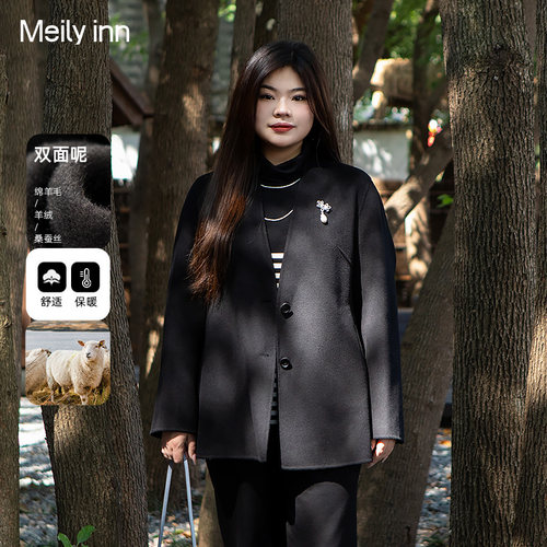 美丽客栈黑话律师大码女装冬款毛呢外套短款羊毛羊绒双面呢大衣女
