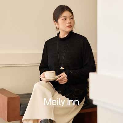 【羽毛纱】美丽客栈大码女装蕾丝打底衫2025冬新款胖mm半高领上衣