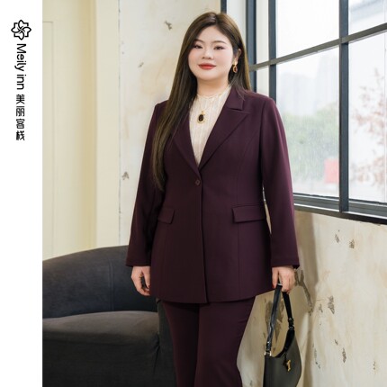 美丽客栈原创高端大码女装胖mm戗驳领干练有型西装外套套装春秋季