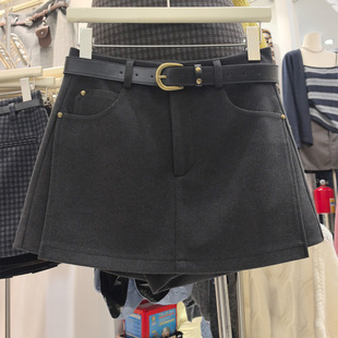 希贝尔茜茜高腰短裤裙女2025秋冬呢子A字阔腿裤显瘦前裙后裤靴裤
