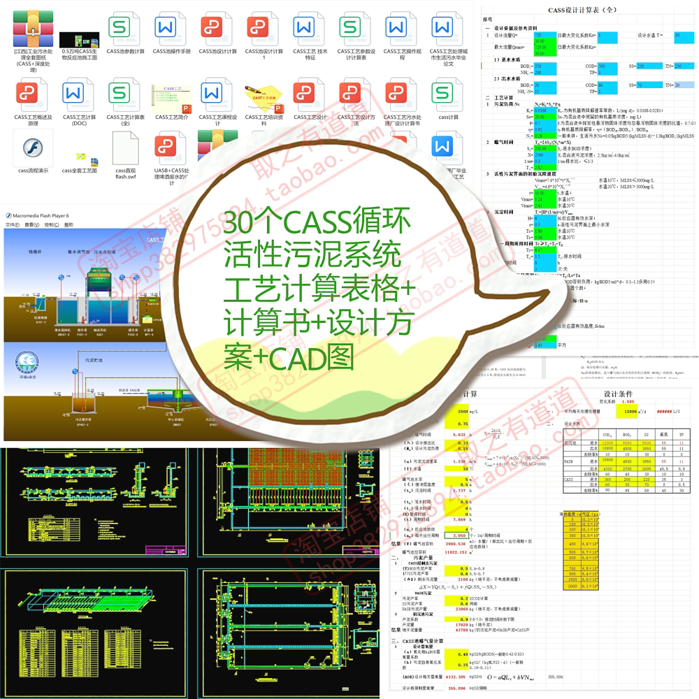 30个cass循环活性污泥系统工艺计算表格 计算书 设计方案 cad图