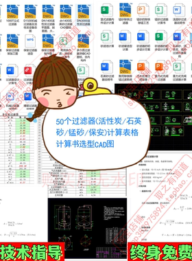 50个过滤器（活性炭/石英砂/锰砂/保安）计算表格计算书选型CAD图