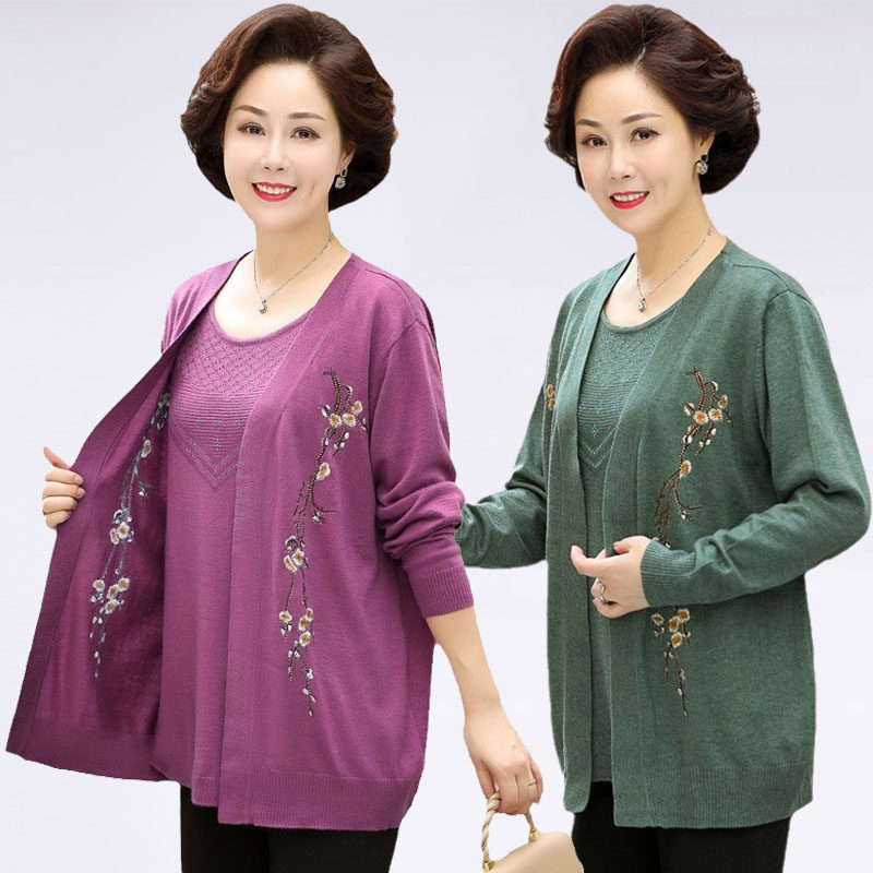 中老年人秋冬女士假两件毛衣外套妈妈洋气秋装上衣加肥加大奶奶装