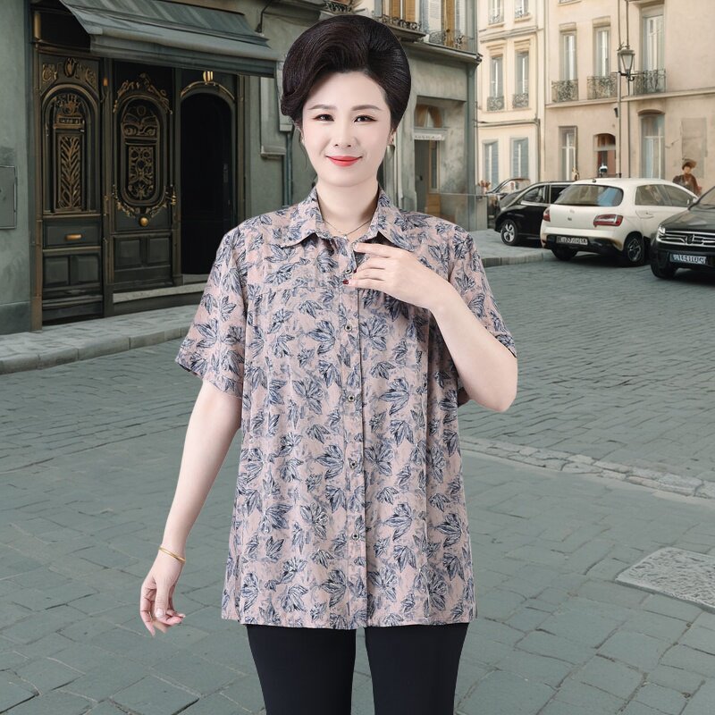 220斤夏季中老年人胖妈妈加肥加大码印花开衫短袖衬衫奶奶宽松衣