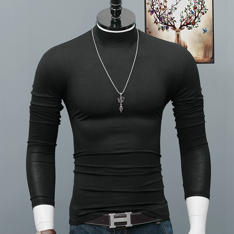 秋季长袖T恤男半高领打底衫紧身丝光棉贴身内搭上衣服修身体恤男