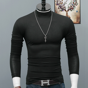 秋季长袖T恤男半高领打底衫紧身丝光棉贴身内搭上衣服修身体恤男