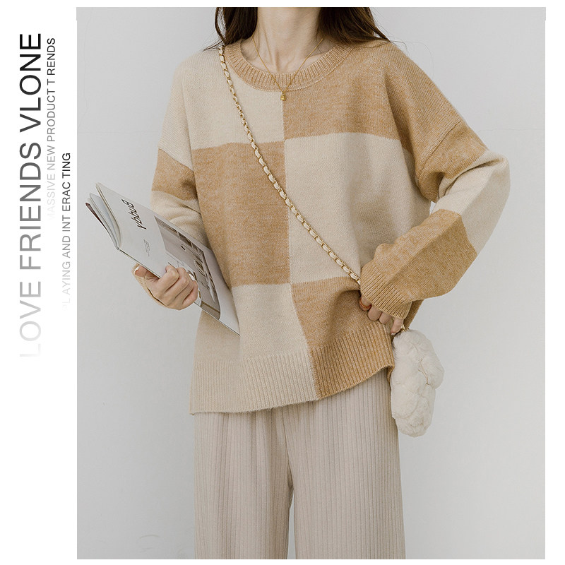 日系拼色针织衫女春秋季新款宽松显瘦套头衫慵懒风高级感长袖毛衣