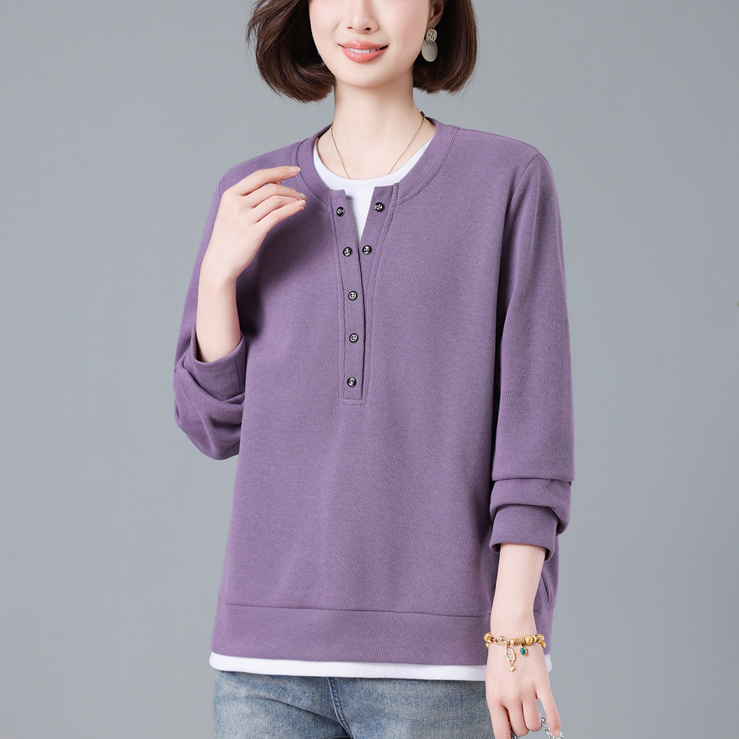 时尚妈妈假两件卫衣女2026春秋新款套头长袖T恤宽松大码减龄显瘦