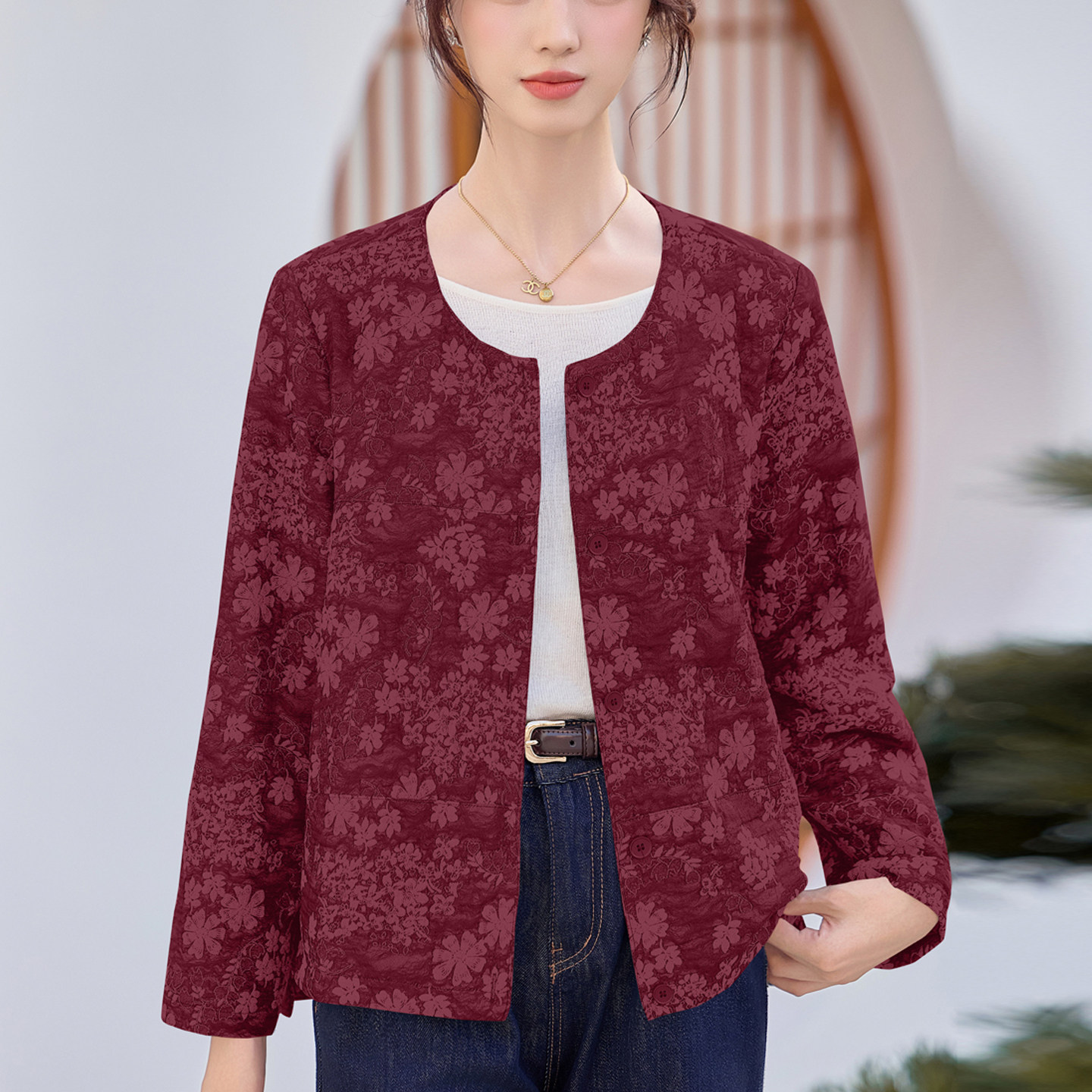 复古气质圆领提花短外套女2026春秋新款中老年妈妈装大码减龄上衣