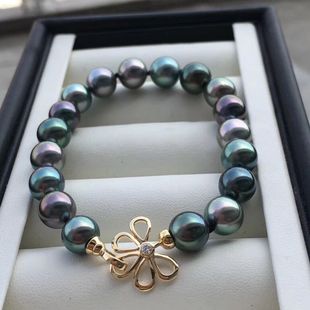 正品晕彩大溪地黑珍珠手链8-9 正圆 无暇镜面光 18K金镶钻石扣头