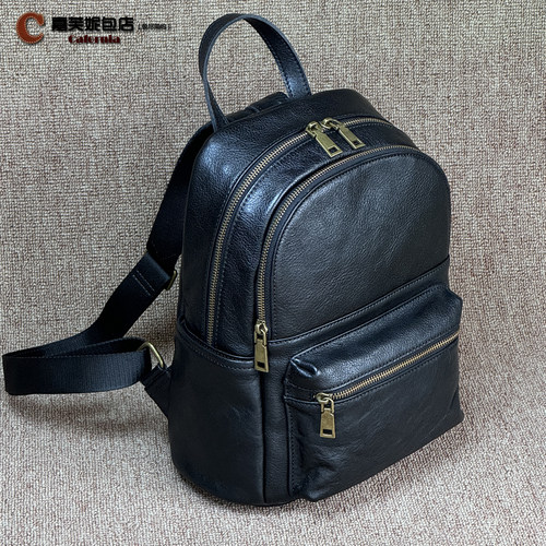 头层植鞣牛皮通勤复古真皮休闲背包多层双肩包女大容量电脑包旅行