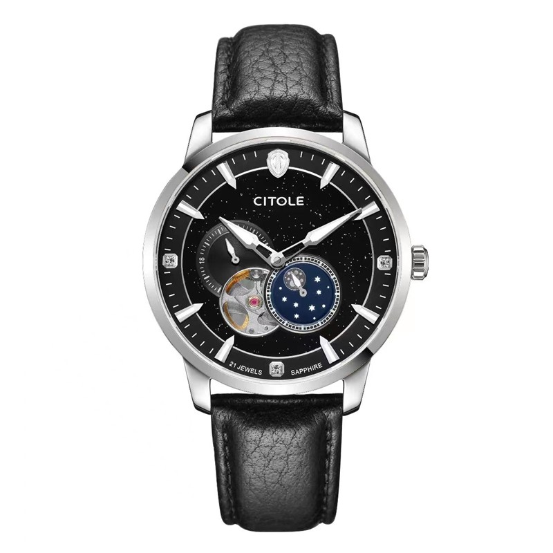 西腾时尚半镂空男星空表盘真皮表