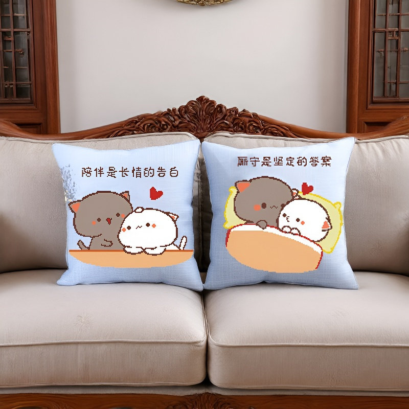自己线绣十字绣抱枕卡通情侣人物