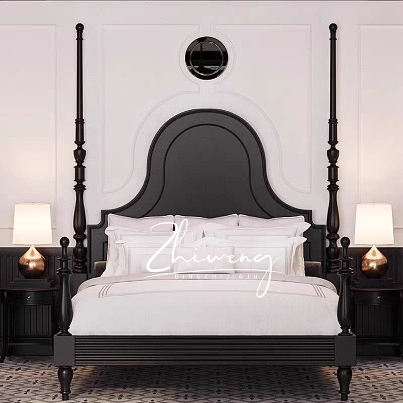 法式复古实木双人床美式轻奢卧房黑色高背古典高端婚床公主床定制