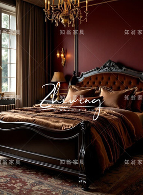 知翁 美式复古实木床 红色软包拉扣床 1.8米双人床 主卧雕花婚床