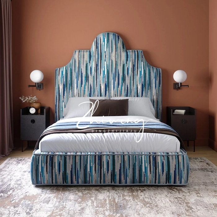 知翁法式古典印花布艺双人床主卧简约1.8米软包婚床可定制