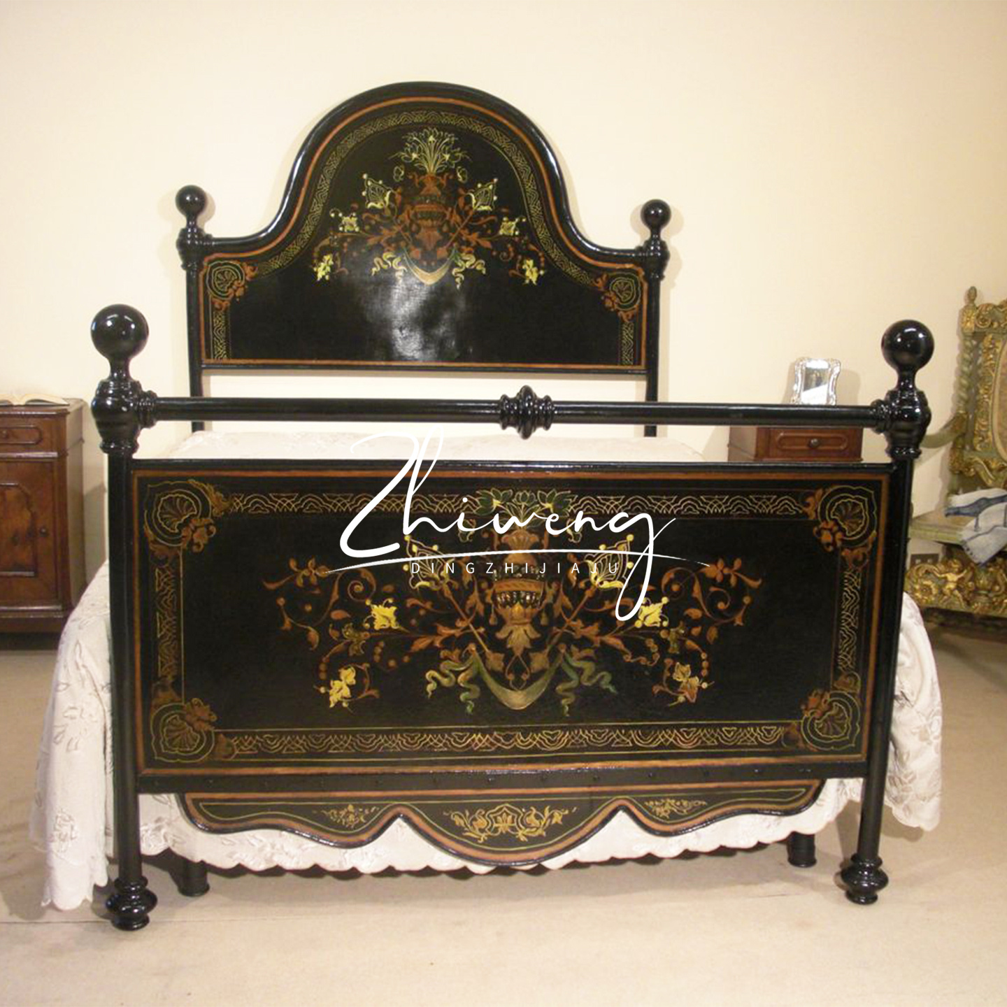 法式复古实木床美式古典雕花彩绘床主卧双人床黑色高端别墅公主床