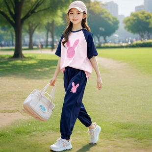 女童夏装套装2026新款儿童时髦洋气运动女大童短袖裤子夏季两件套