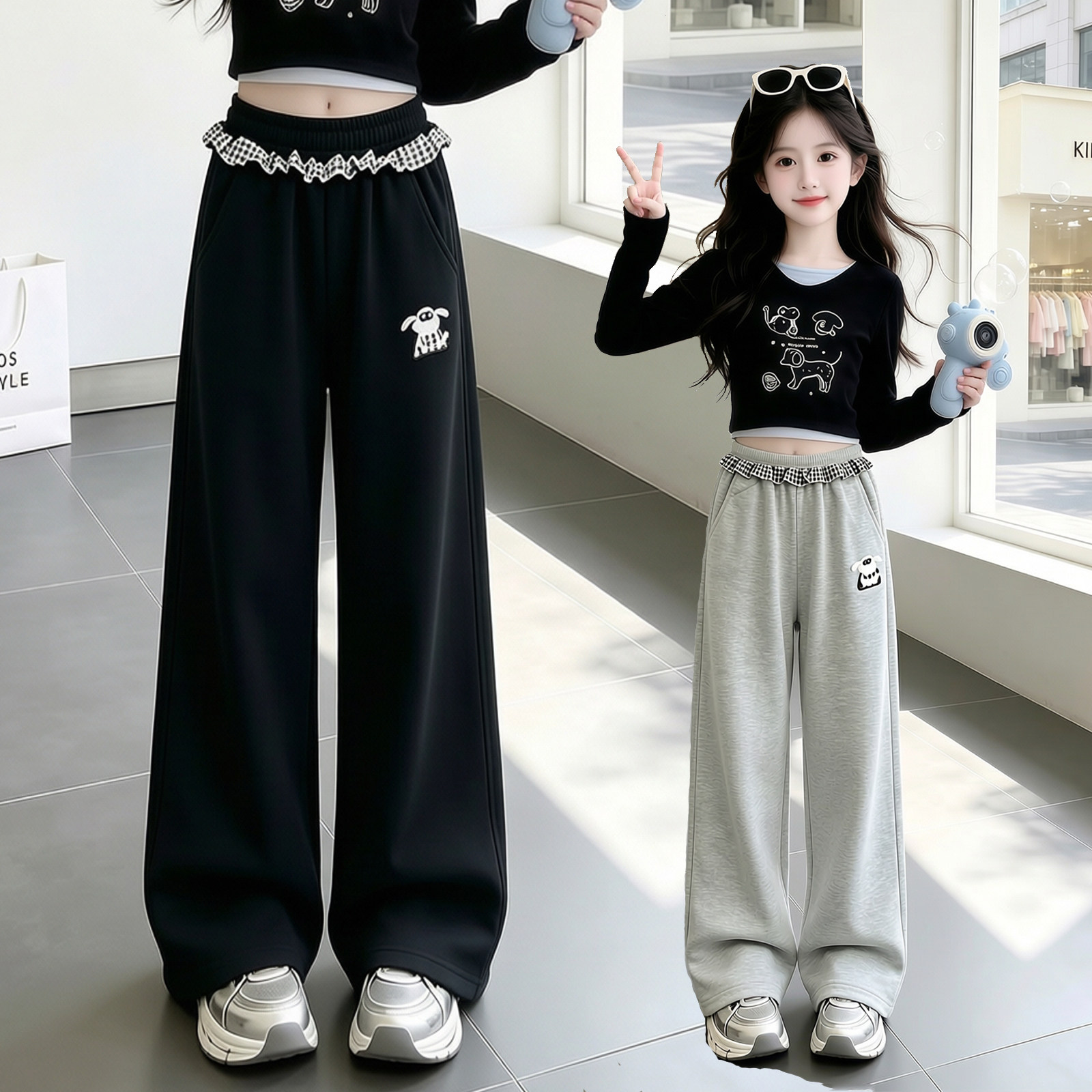 女童裤子春秋2026新款女中大童秋季女孩窄版阔腿裤儿童直筒运动裤