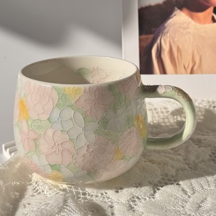 手绘陶瓷万花大肚杯景德镇高颜值马克杯女生家用办公喝水杯子礼物