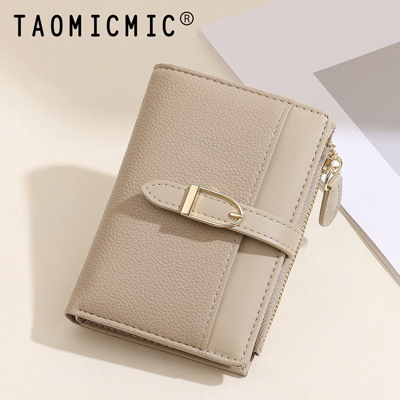 欧美2025拼接PU皮革短款女钱包高级感两折皮夹简约银包卡包高级感