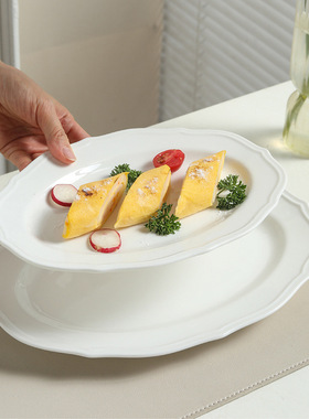 ins风复古浮雕花边盘子法式椭圆形纯色酒店西餐厅鱼盘陶瓷沙拉盘