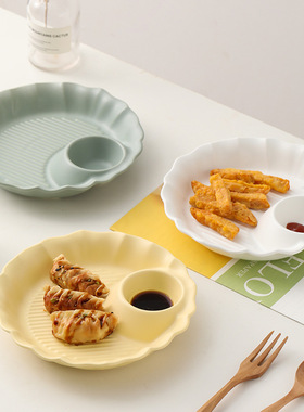 ins奶油黄饺子盘陶瓷捞饺子盘家用厚实带醋碟餐具水饺盘网红碟子