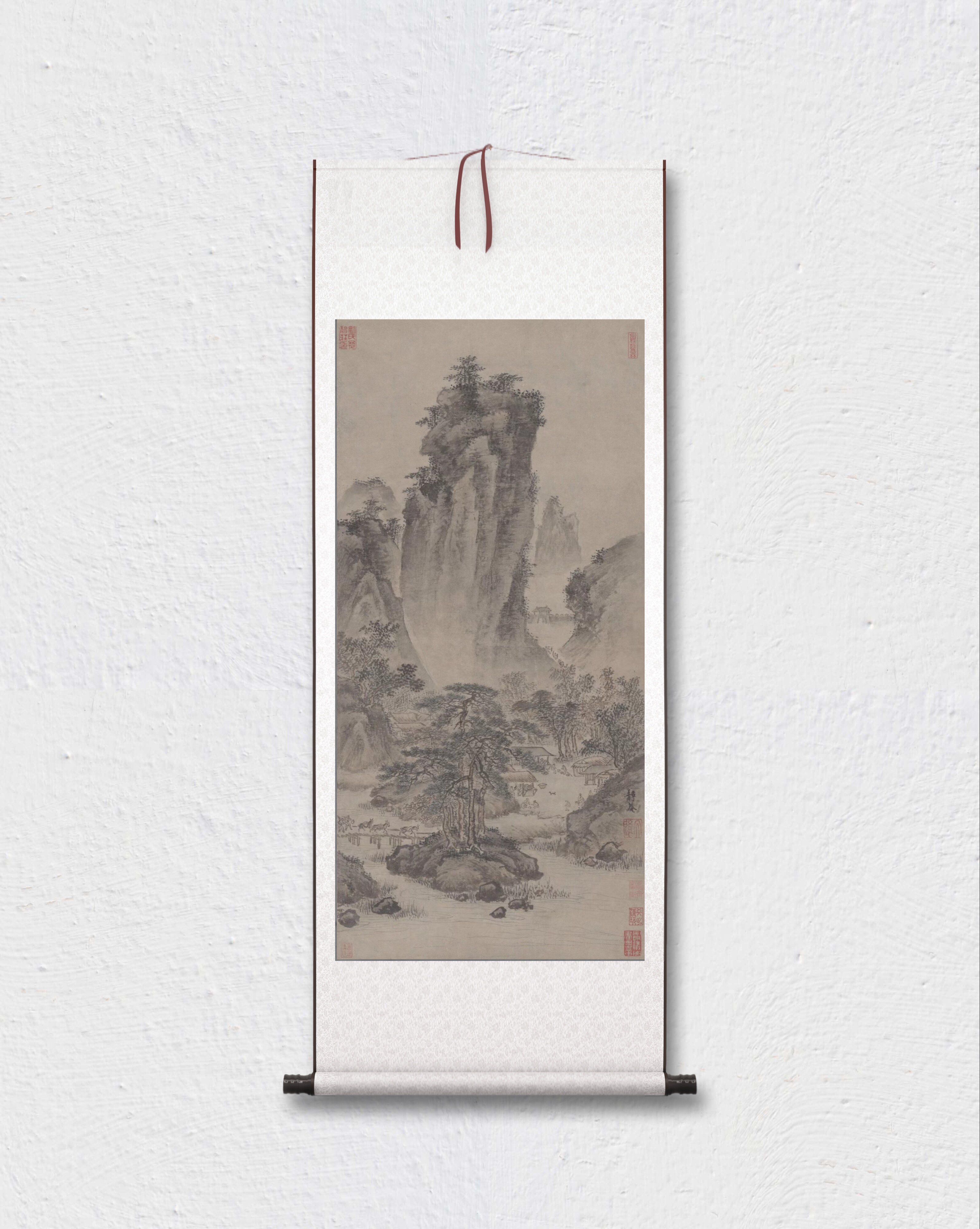 戴进 关山行旅图 设色水墨 国画立轴 墙面装饰 纸本绢布 微喷复制