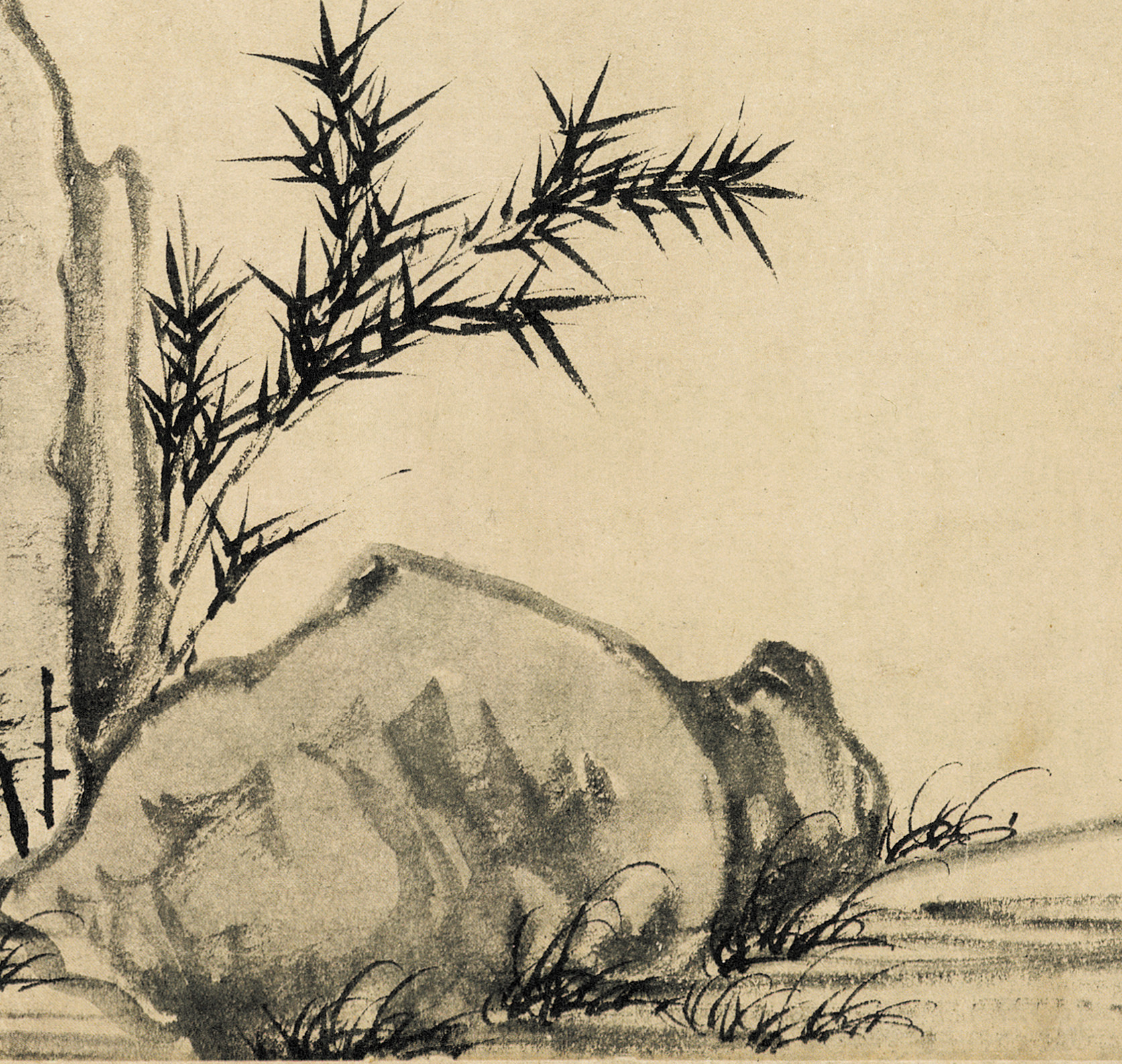 元代 赵孟頫 枯枝竹石图 毛笔书法 国画长卷 纸本绢布 微喷复制