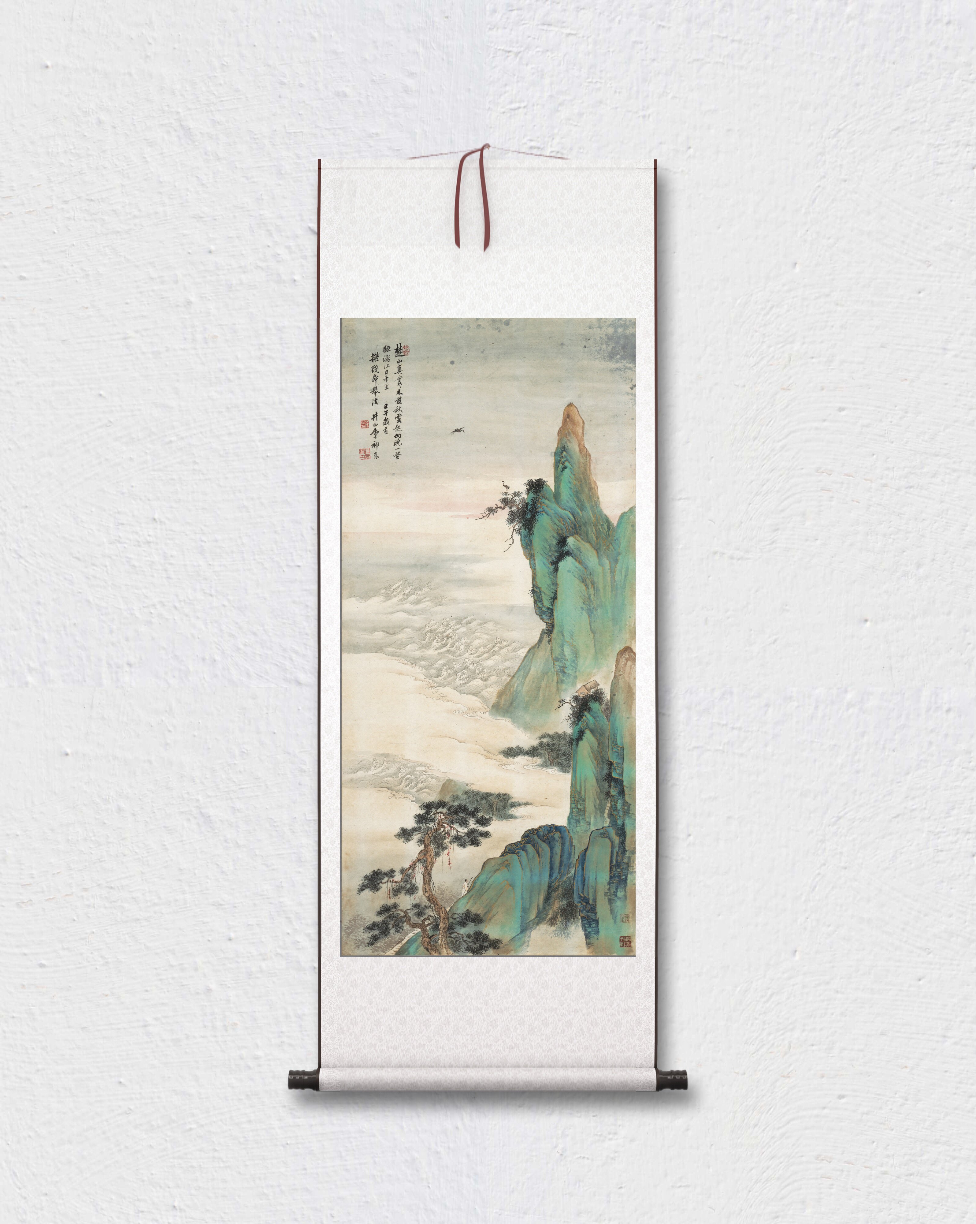 祁昆 金碧青绿山水立轴 墙面装饰 美术临摹 纸本绢布 微喷复制