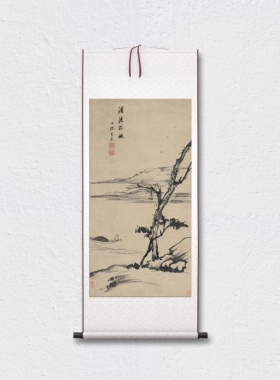 查士标 清溪放艇图 写意山水 国画立轴 纸本绢布 微喷复制